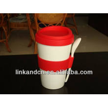 Heat-insulated porcelain/ceramic travel cups with silicone lid and spoon